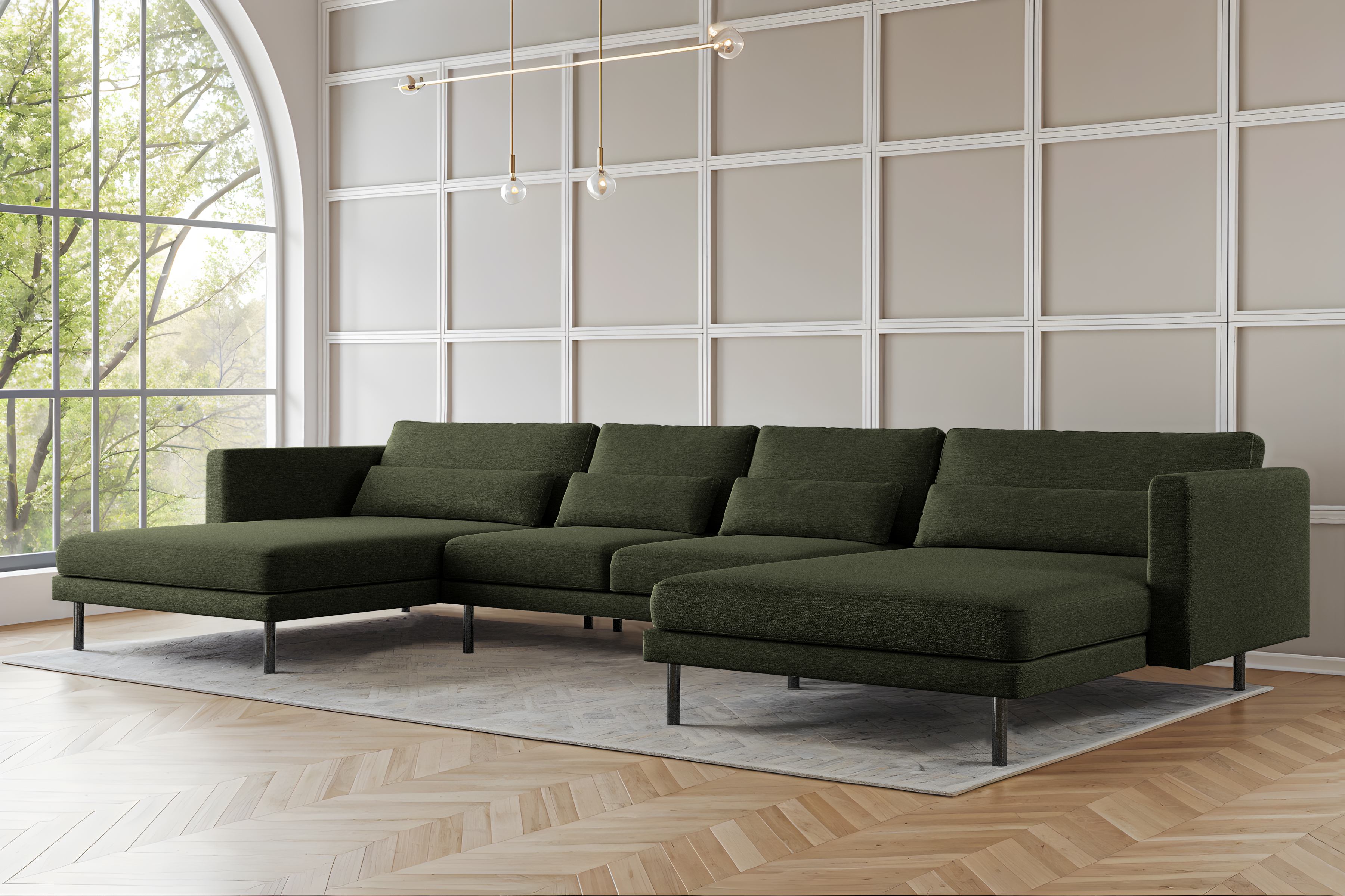 Elegantes Ecksofa DANI U mit Verita-Stoff in modernem Wohnzimmer – großes U-förmiges Sofa mit Kissen und Metallfüßen, Verita 49